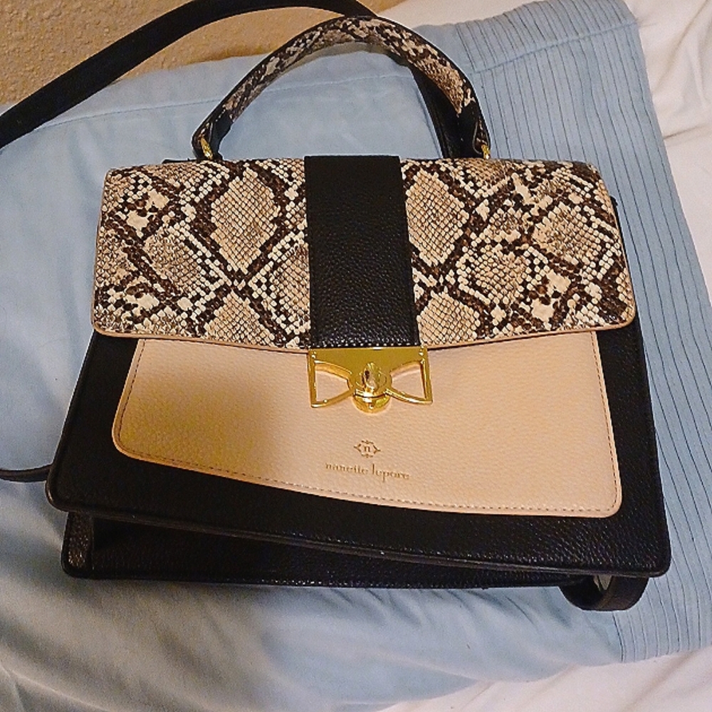 Nanette Lepore Black/Tan  Snakeskin Handbag